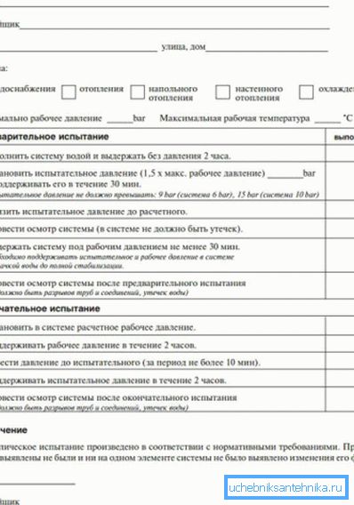 Бланк апрасоўкі ацяпляльнай сістэмы