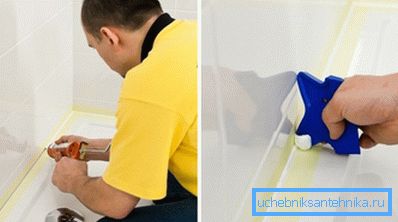 Герметызацыя стыкаў паміж сцяной і борцікам паддона. Герметызацыя стыкаў паміж сцяной і борцікам паддона.