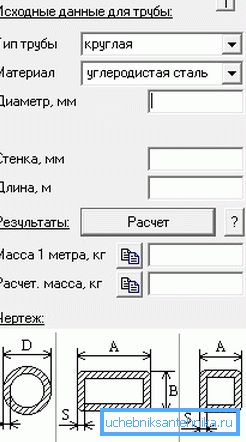 Інтэрфейс калькулятара, створанага для разлікаў звязаных з трубамі