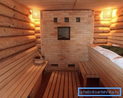 Цагляная каменка ў інтэр'еры лазні Цагляная каменка ў інтэр'еры лазні