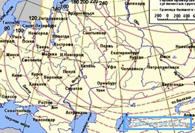 На карце пазначаны значэння глыбіні прамярзання для розных рэгіёнаў постсавецкай прасторы (прамежкавыя значэння вызначаюцца інтэрпаляцыяй) На карце пазначаны значэння глыбіні прамярзання для розных рэгіёнаў постсавецкай прасторы (прамежкавыя значэння вызначаюцца інтэрпаляцыяй)