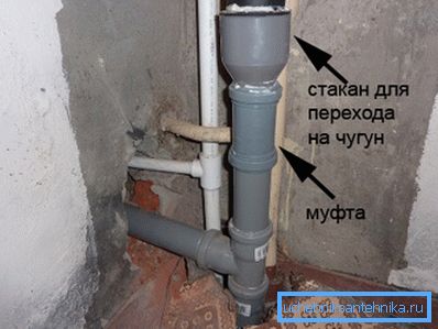 Пластыкавая ўрэзка ў чыгунны стояк Пластыкавая ўрэзка ў чыгунны стояк