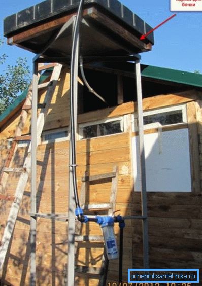Плоскі бак на асобным каркасе. Унізе - шланг з аўтаномным помпай для водазабеспячэння