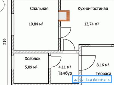 Праект з размяшчэннем ацяпляльнай канструкцыі паміж гасцінай і спальняй.